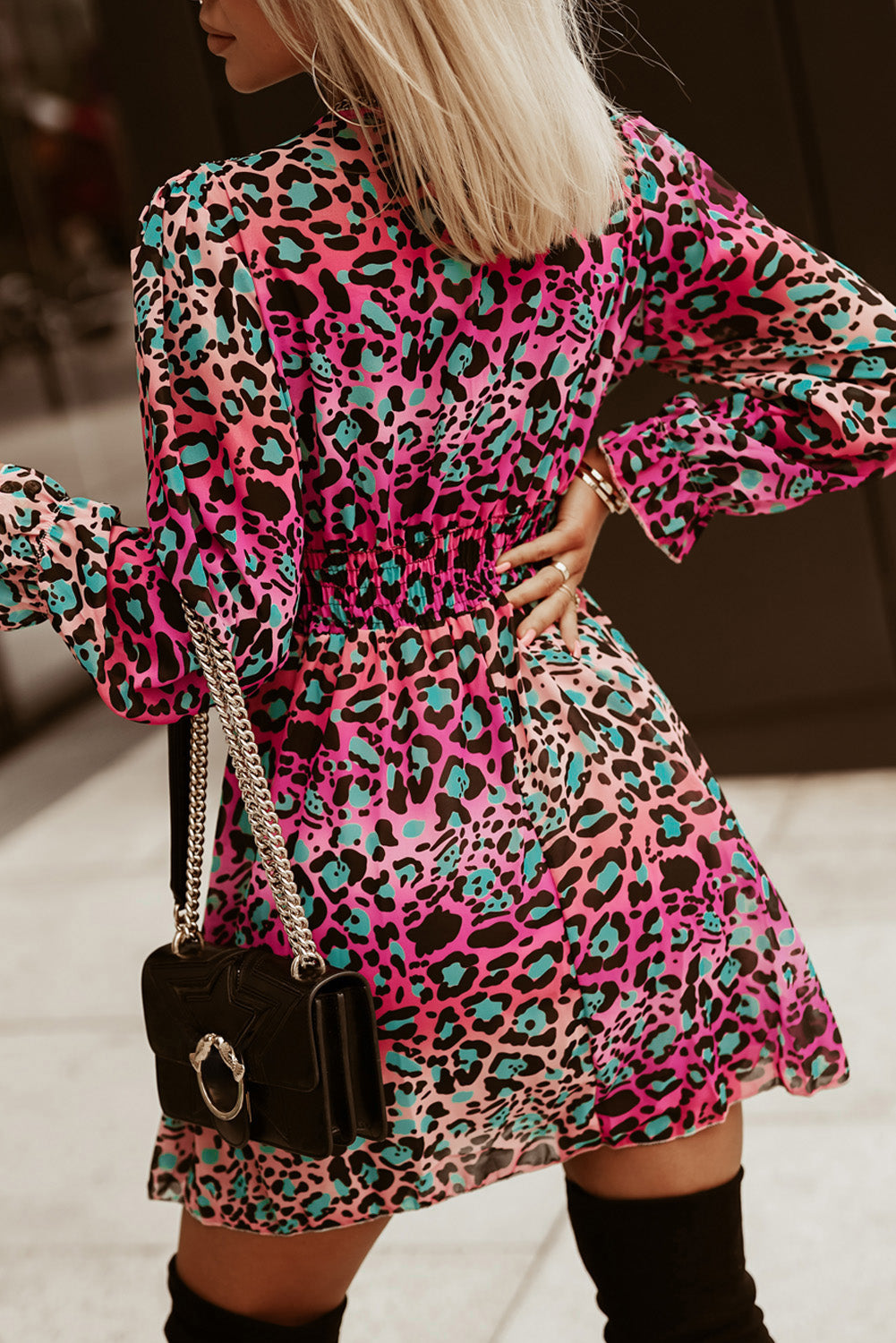 Leopard Flounce Sleeve Plunge Mini Dress