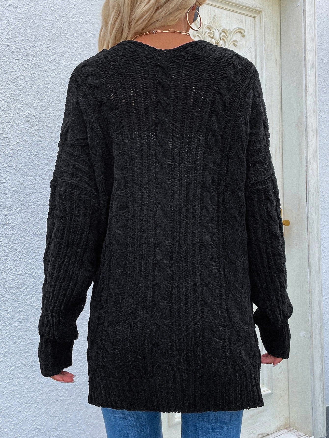 Cable-Knit Open Front Cardigan with Front Pockets