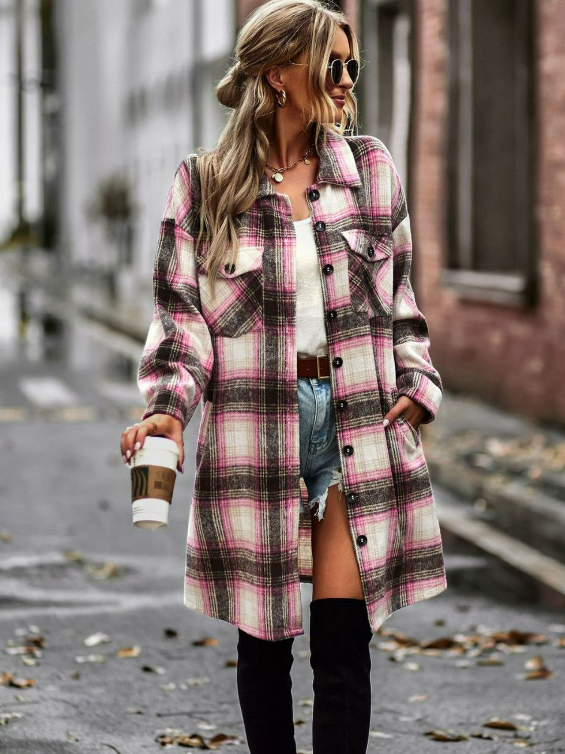 Plaid Button-Up Longline Jacket with Pockets