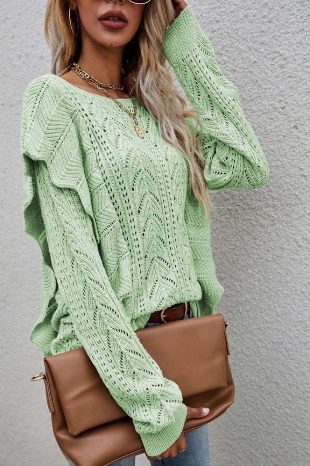 Openwork Round Neck Ruffled Sweater