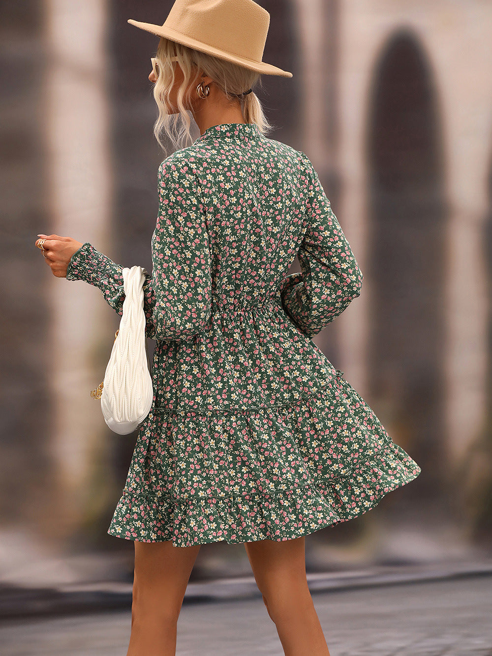 Ditsy Floral Frill Trim Tie-Neck Dress