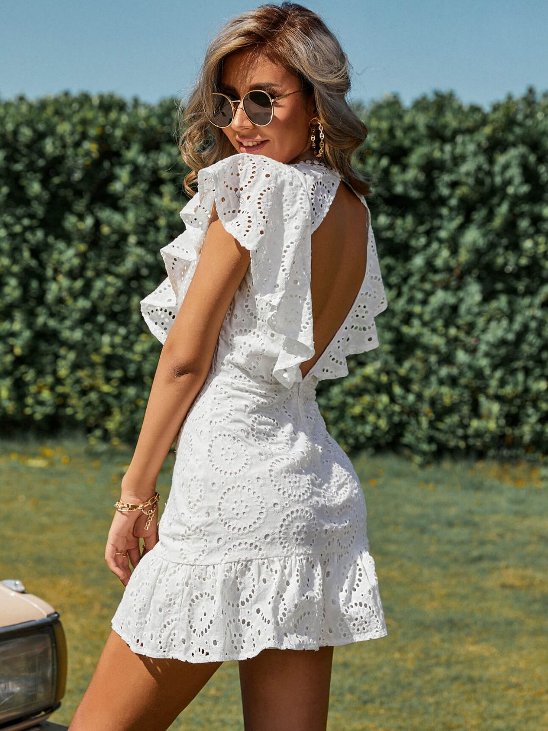 Eyelet Butterfly Sleeve Ruffle Hem Dress