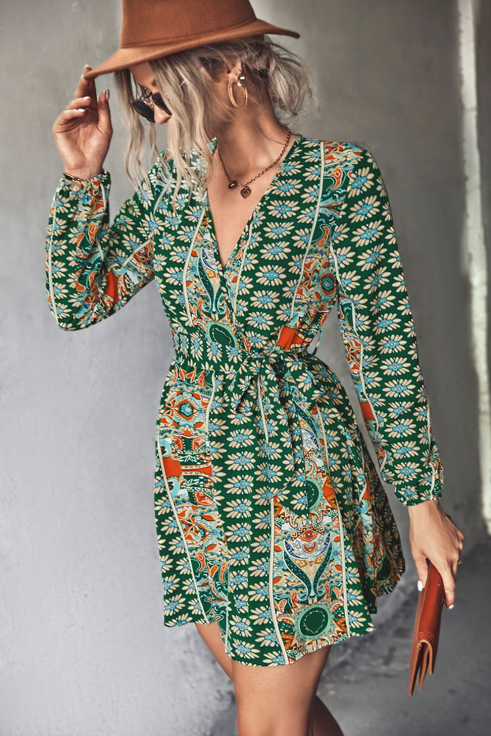 Printed Long Sleeve Belted Mini Dress