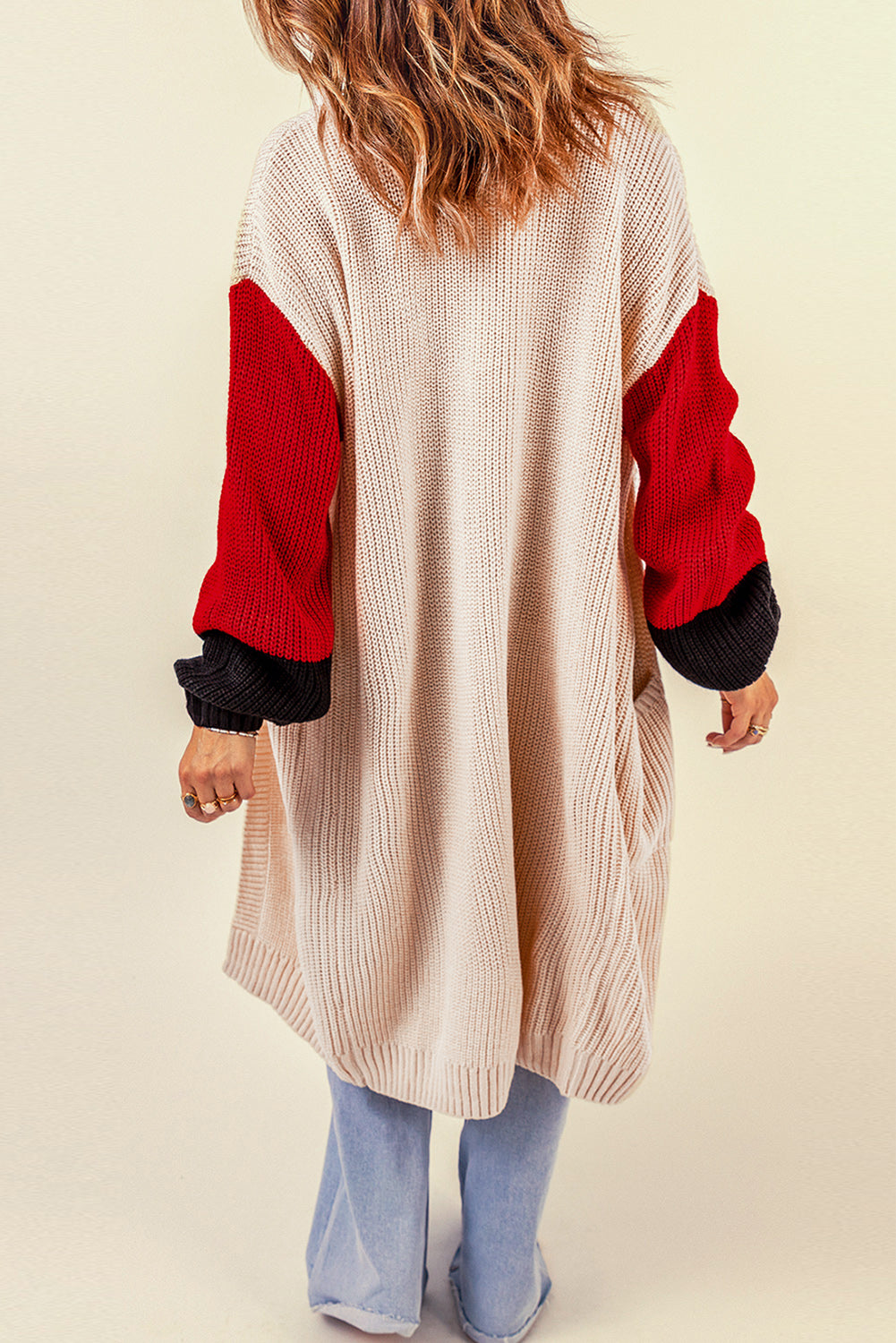 Color Block Rib-Knit Longline Cardigan with Front Pockets