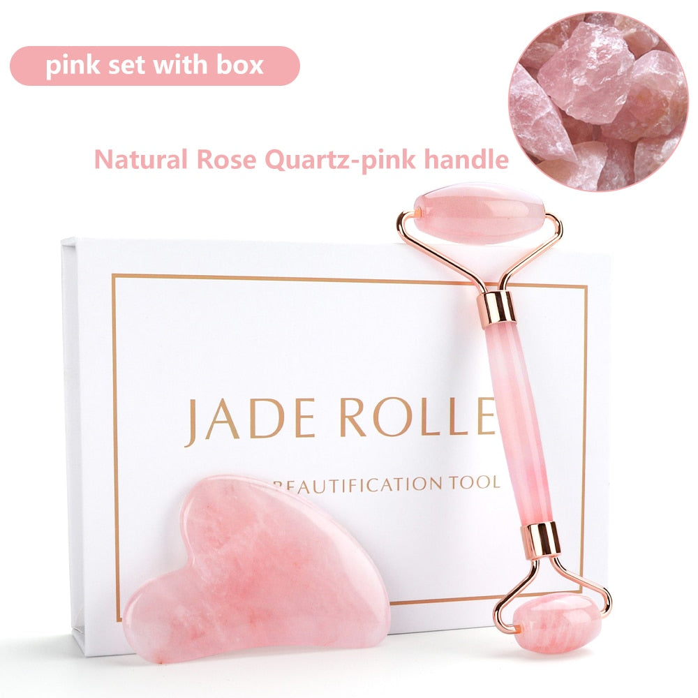 Natural Rose Quartz Jade Roller Gua Sha Face Lifting Beauty Massage Tools