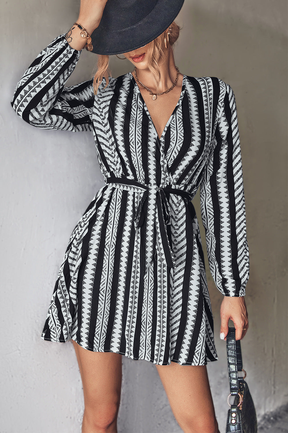 Printed Long Sleeve Belted Mini Dress