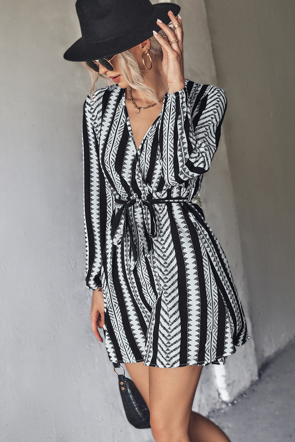 Printed Long Sleeve Belted Mini Dress