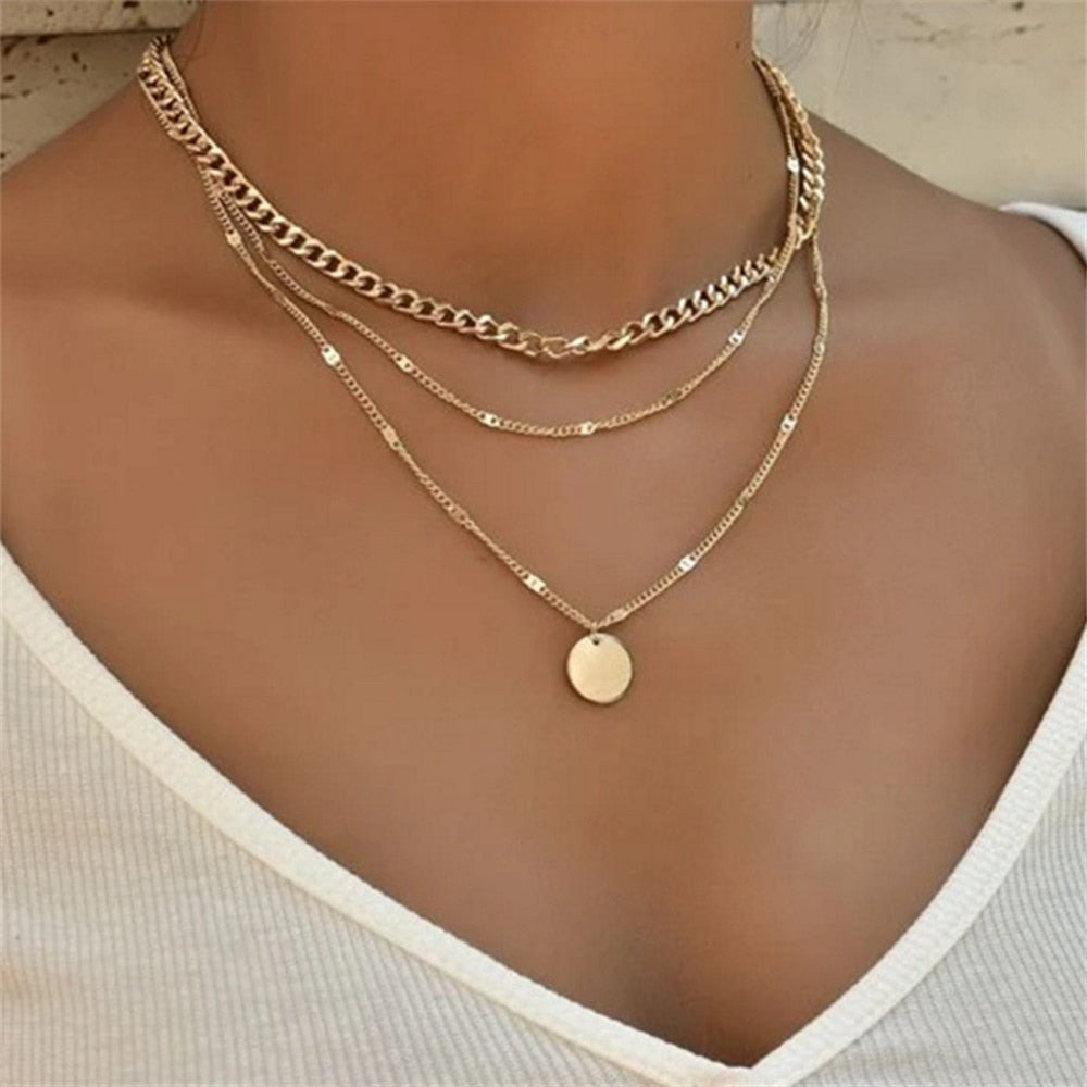 Multilayer Gold Chain Lock Pendant Necklace