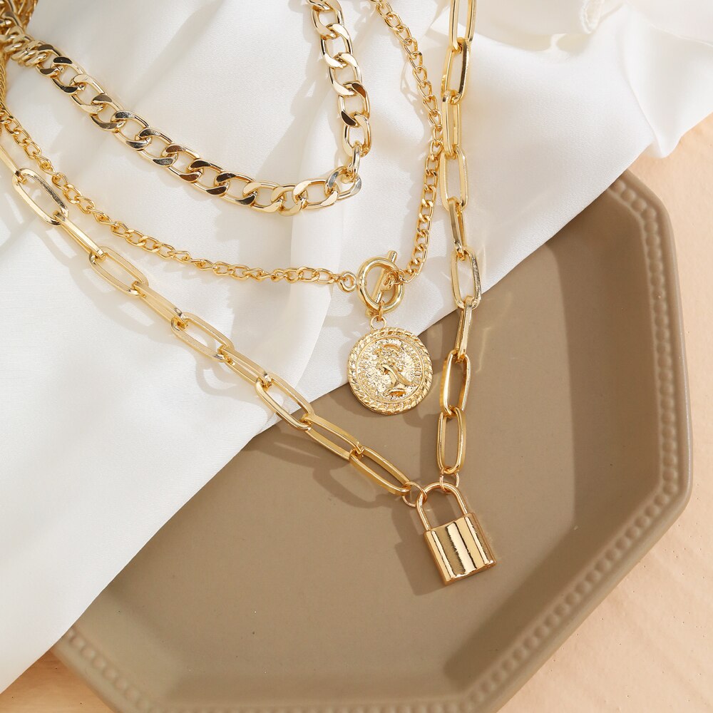 Multilayer Gold Chain Lock Pendant Necklace