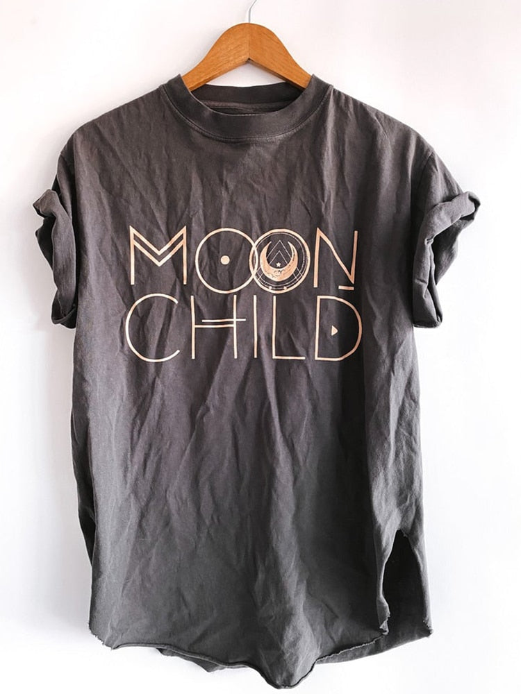 Side Slit Women T Shirts Moon Child Print Drop-shoulder Vintage Tee Shirt