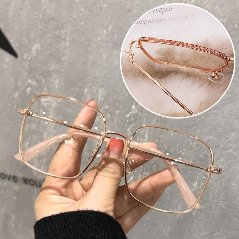 Luxury Anti Blue Light Glasses Men Women Diamond Studded Oversized Square Eyeglasses