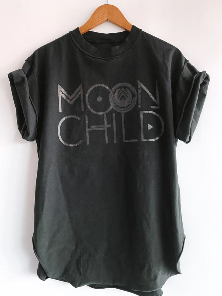 Side Slit Women T Shirts Moon Child Print Drop-shoulder Vintage Tee Shirt