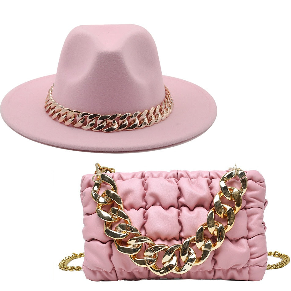 NEW Luxury Fedora Hat with Matching Gold Chain Purse