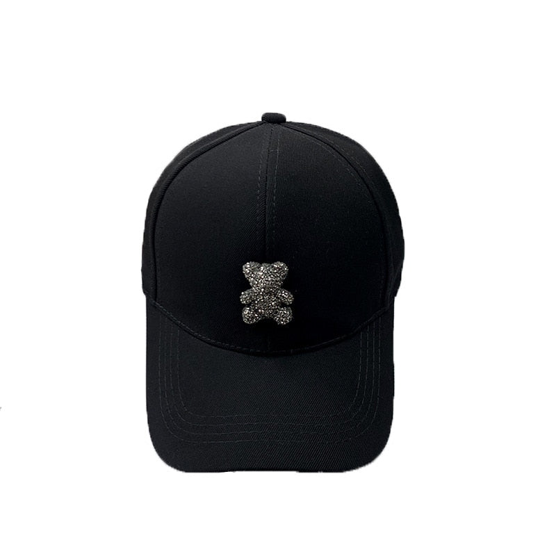 Trendy Baseball Hat with Rhinestone Bear Design