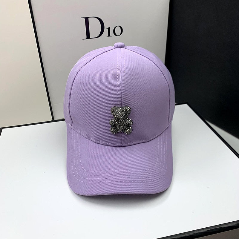 Trendy Baseball Hat with Rhinestone Bear Design