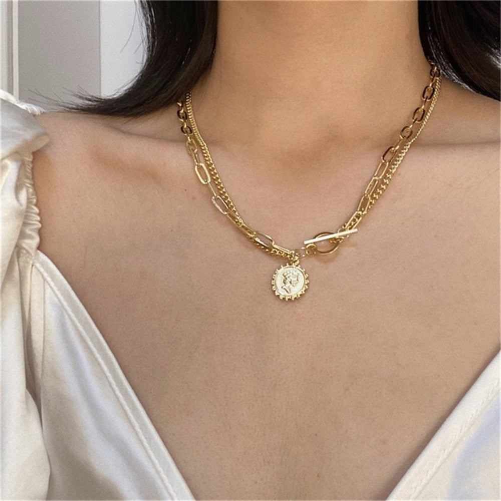 Multilayer Gold Chain Lock Pendant Necklace