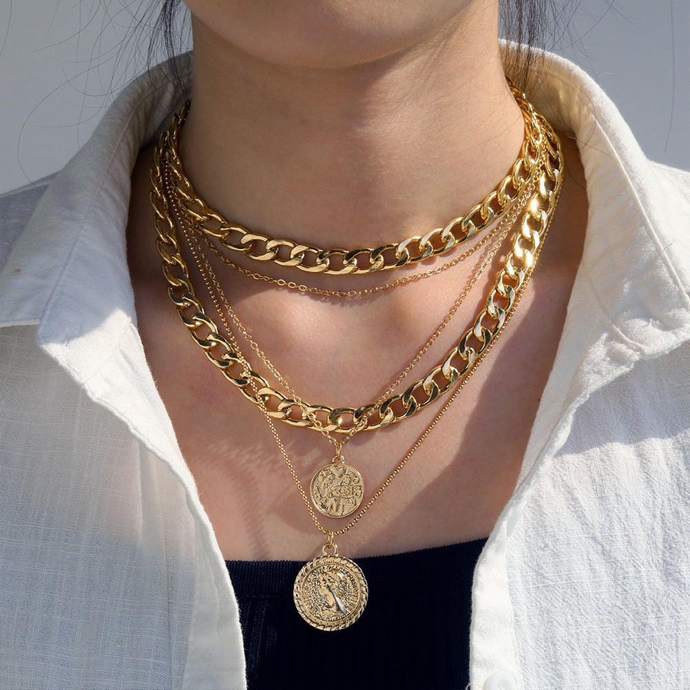 Multilayer Gold Chain Lock Pendant Necklace