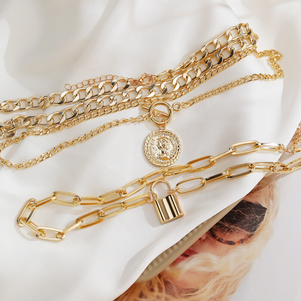 Multilayer Gold Chain Lock Pendant Necklace