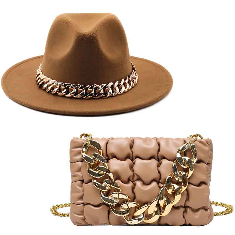 NEW Luxury Fedora Hat with Matching Gold Chain Purse