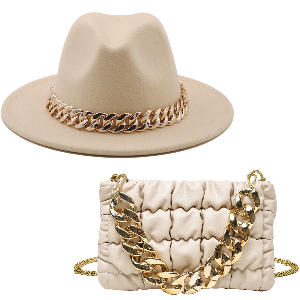 NEW Luxury Fedora Hat with Matching Gold Chain Purse