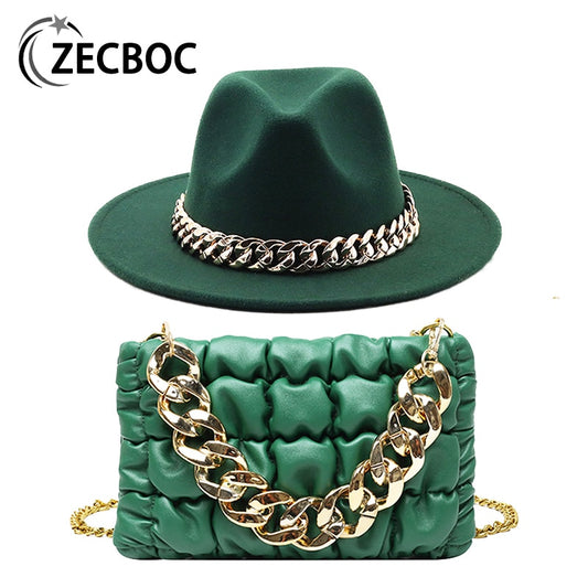 NEW Luxury Fedora Hat with Matching Gold Chain Purse