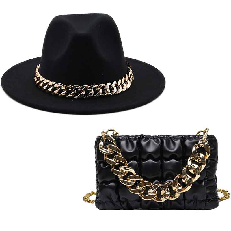 NEW Luxury Fedora Hat with Matching Gold Chain Purse