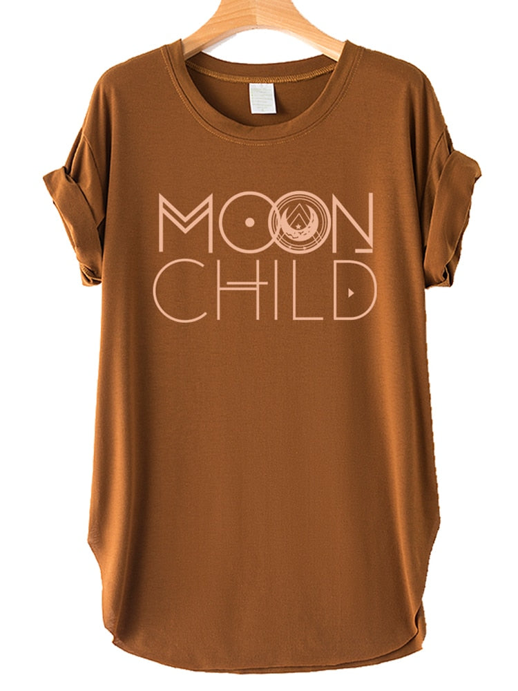 Side Slit Women T Shirts Moon Child Print Drop-shoulder Vintage Tee Shirt