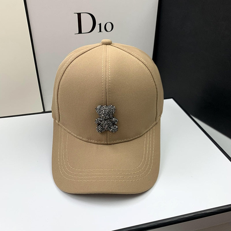 Trendy Baseball Hat with Rhinestone Bear Design