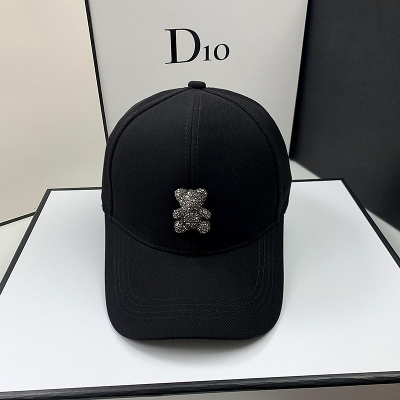 Trendy Baseball Hat with Rhinestone Bear Design