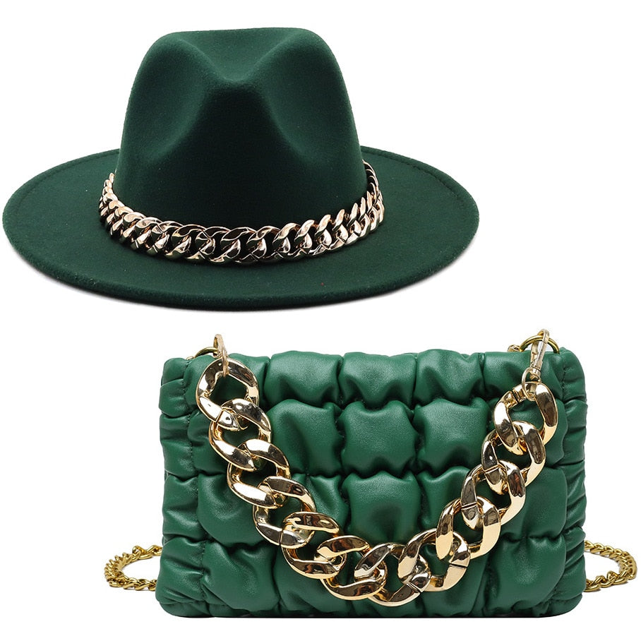 NEW Luxury Fedora Hat with Matching Gold Chain Purse