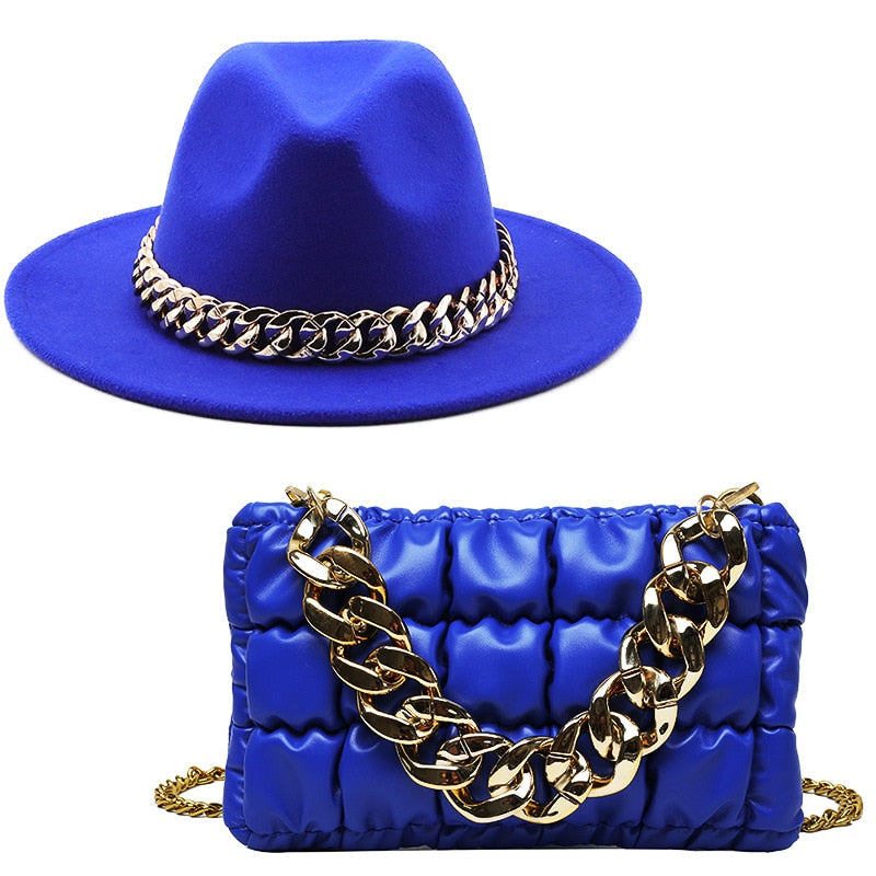 NEW Luxury Fedora Hat with Matching Gold Chain Purse