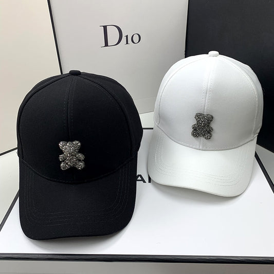 Trendy Baseball Hat with Rhinestone Bear Design