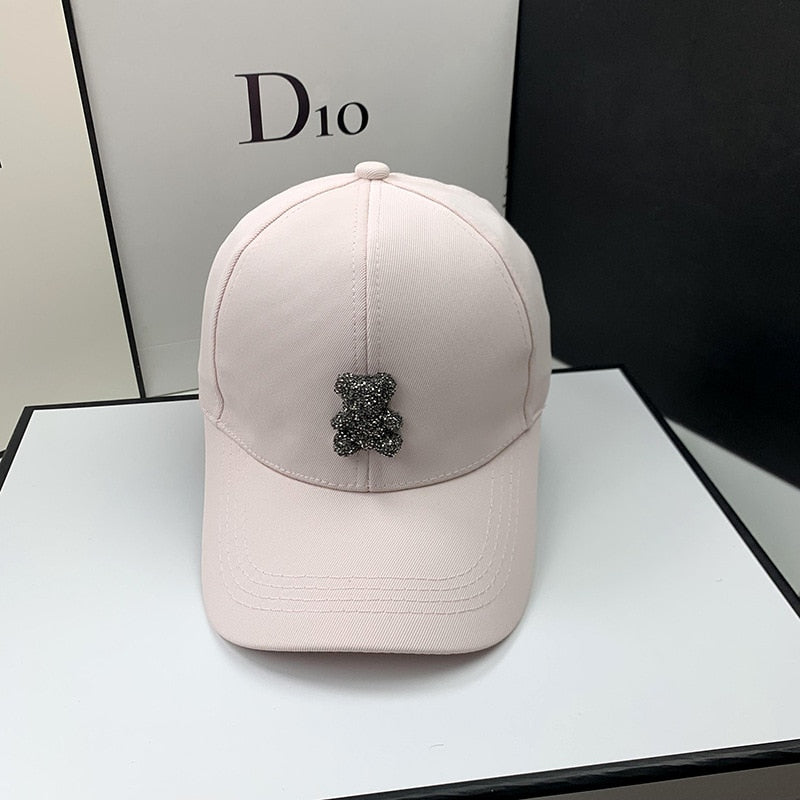 Trendy Baseball Hat with Rhinestone Bear Design