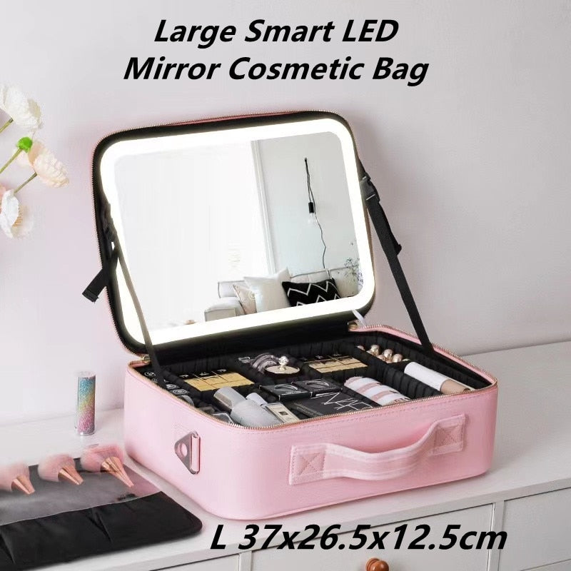 LED Portable Cosmetic Case with Mirror Cosmetic Bag Large Capacity Fashion