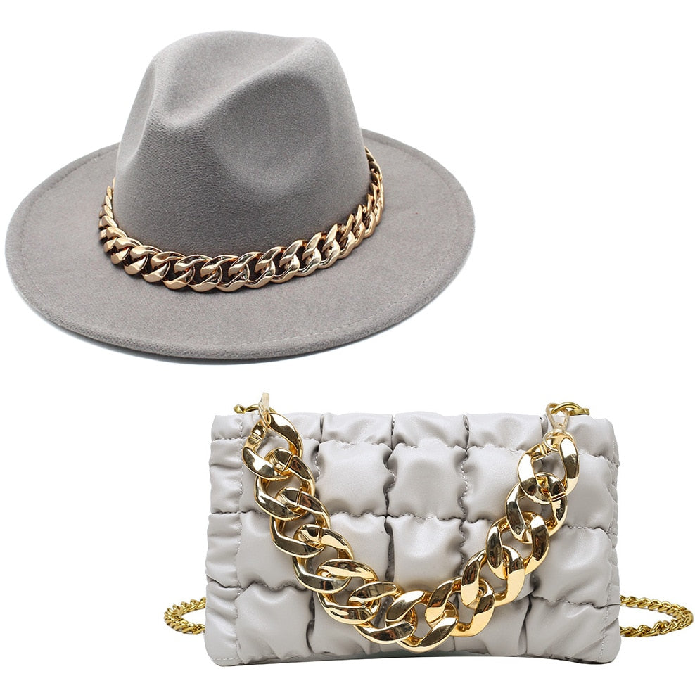 NEW Luxury Fedora Hat with Matching Gold Chain Purse