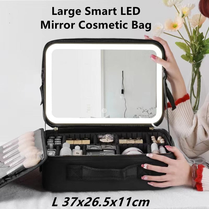 LED Portable Cosmetic Case with Mirror Cosmetic Bag Large Capacity Fashion