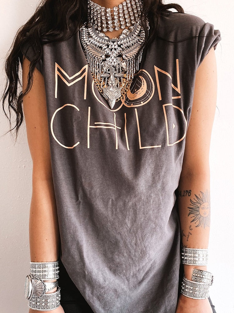 Side Slit Women T Shirts Moon Child Print Drop-shoulder Vintage Tee Shirt