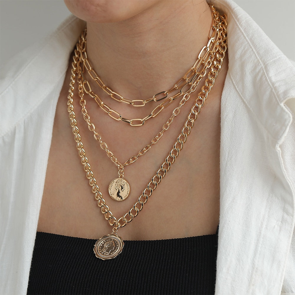 Multilayer Gold Chain Lock Pendant Necklace