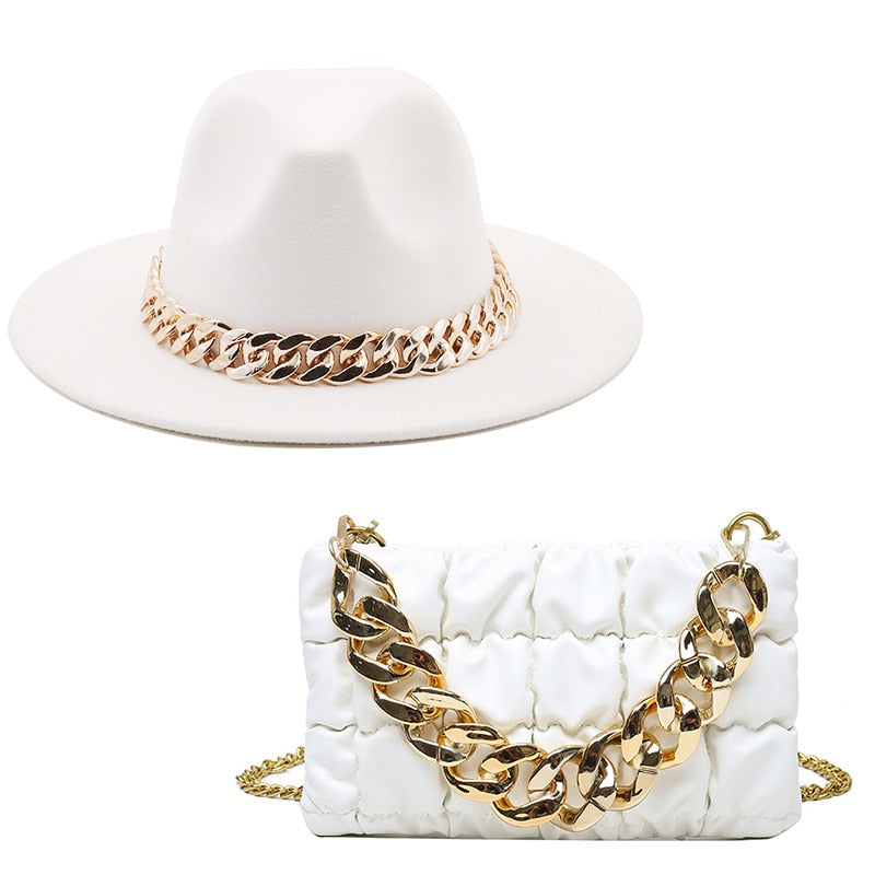 NEW Luxury Fedora Hat with Matching Gold Chain Purse