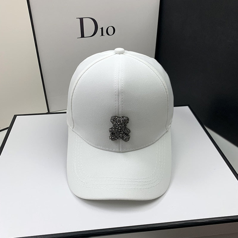 Trendy Baseball Hat with Rhinestone Bear Design