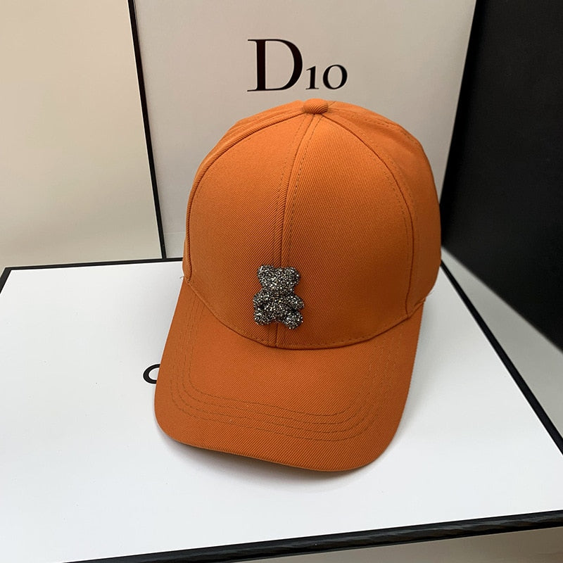 Trendy Baseball Hat with Rhinestone Bear Design