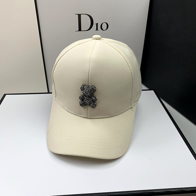 Trendy Baseball Hat with Rhinestone Bear Design