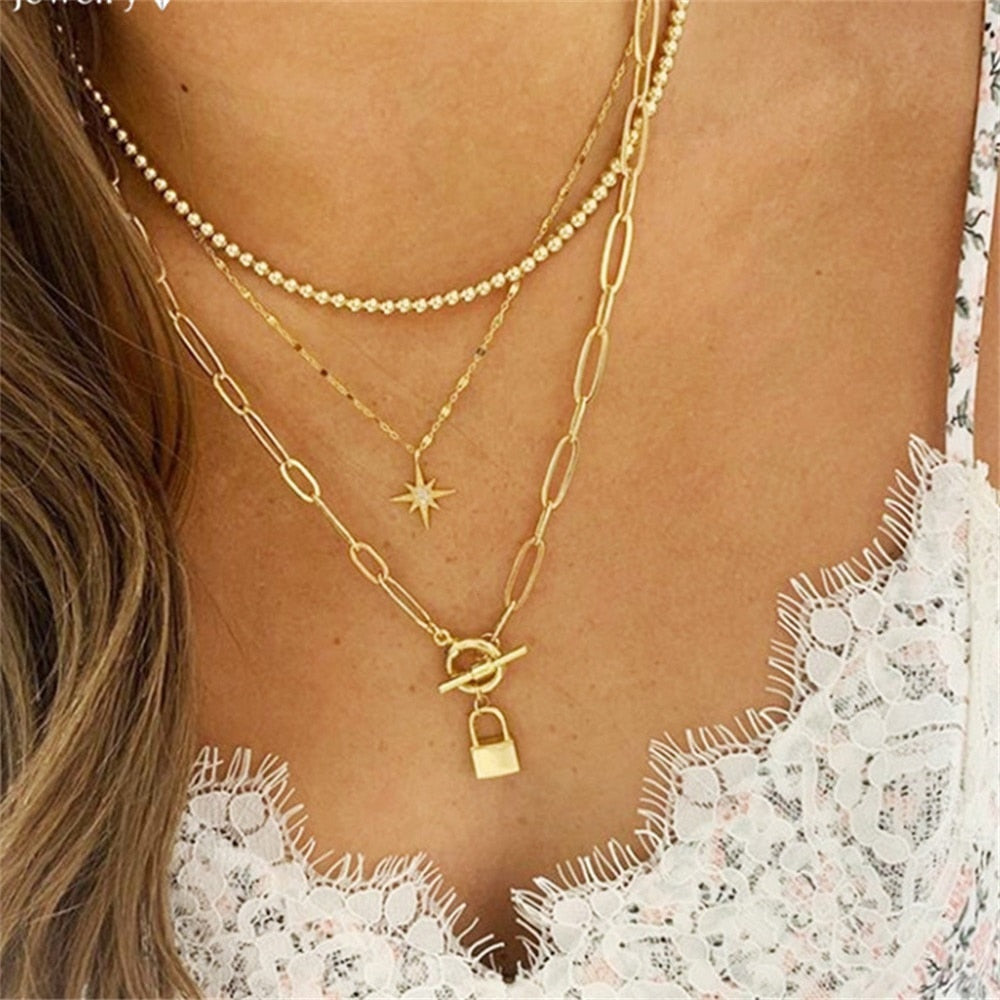 Multilayer Gold Chain Lock Pendant Necklace