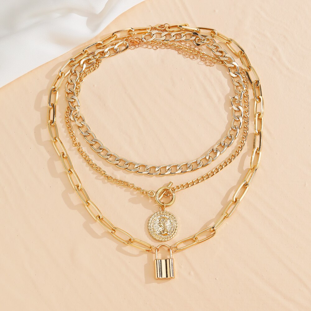 Multilayer Gold Chain Lock Pendant Necklace