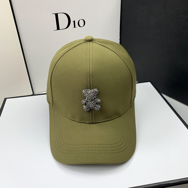 Trendy Baseball Hat with Rhinestone Bear Design