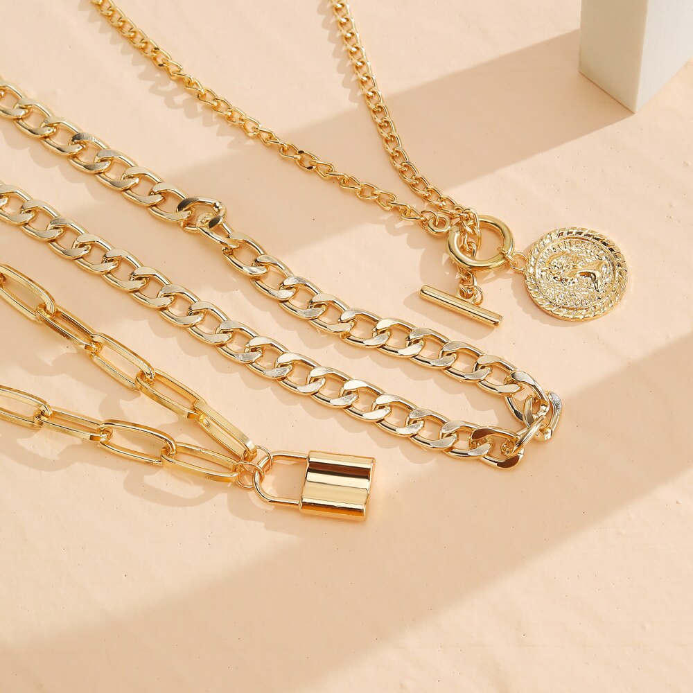 Multilayer Gold Chain Lock Pendant Necklace