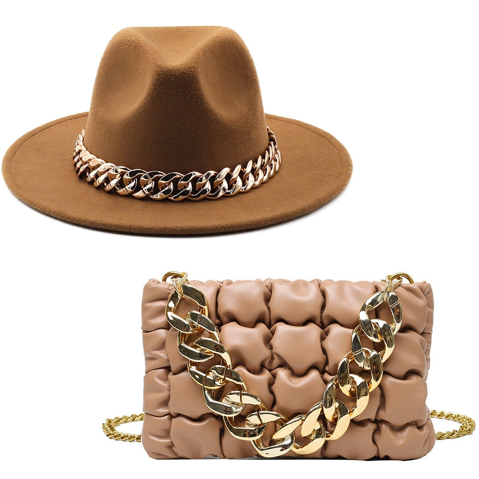 NEW Luxury Fedora Hat with Matching Gold Chain Purse