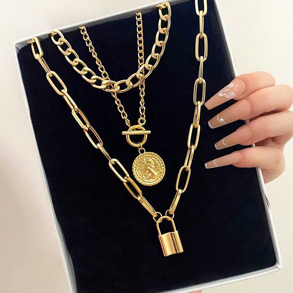 Multilayer Gold Chain Lock Pendant Necklace