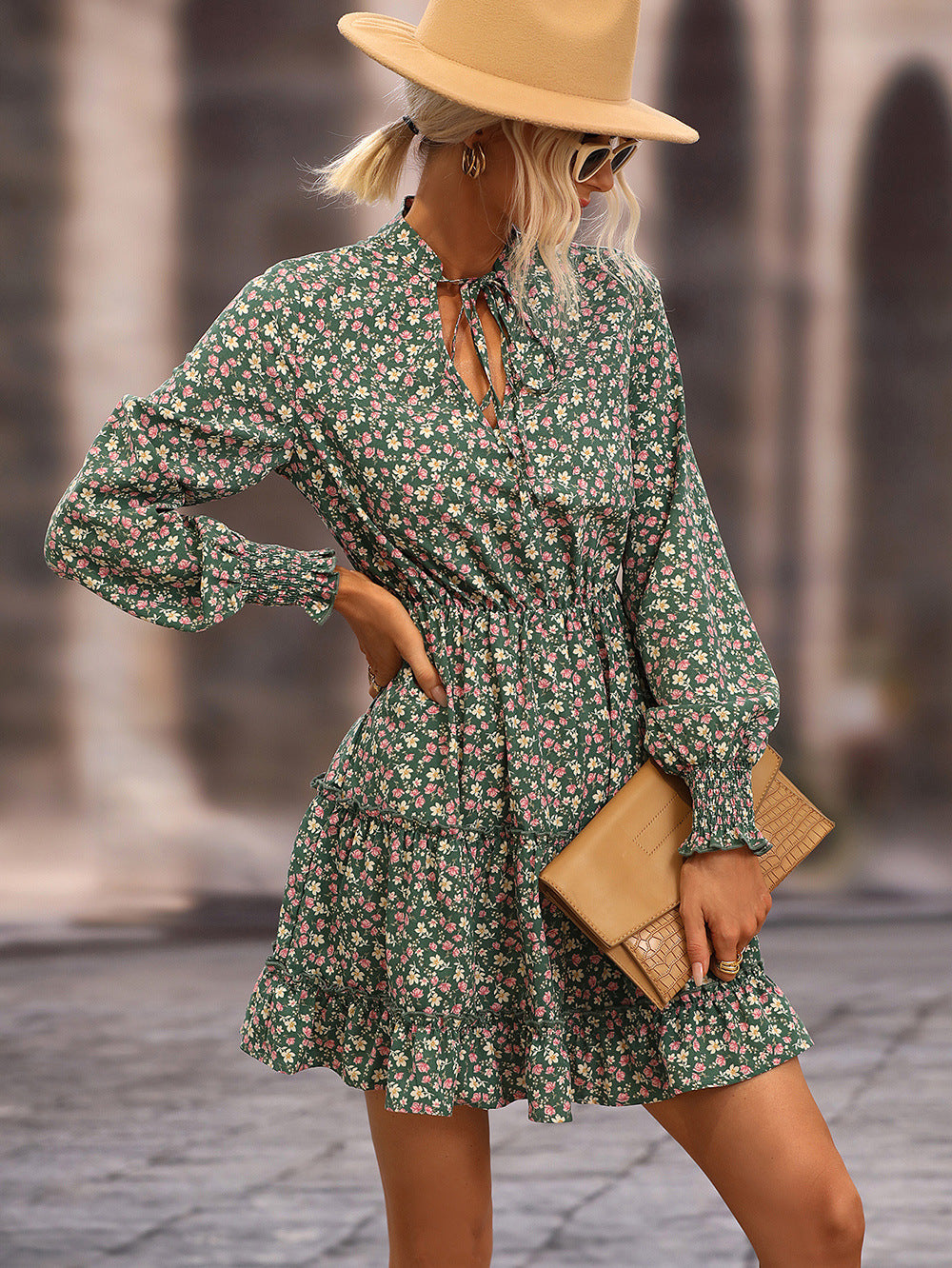 Ditsy Floral Frill Trim Tie-Neck Dress