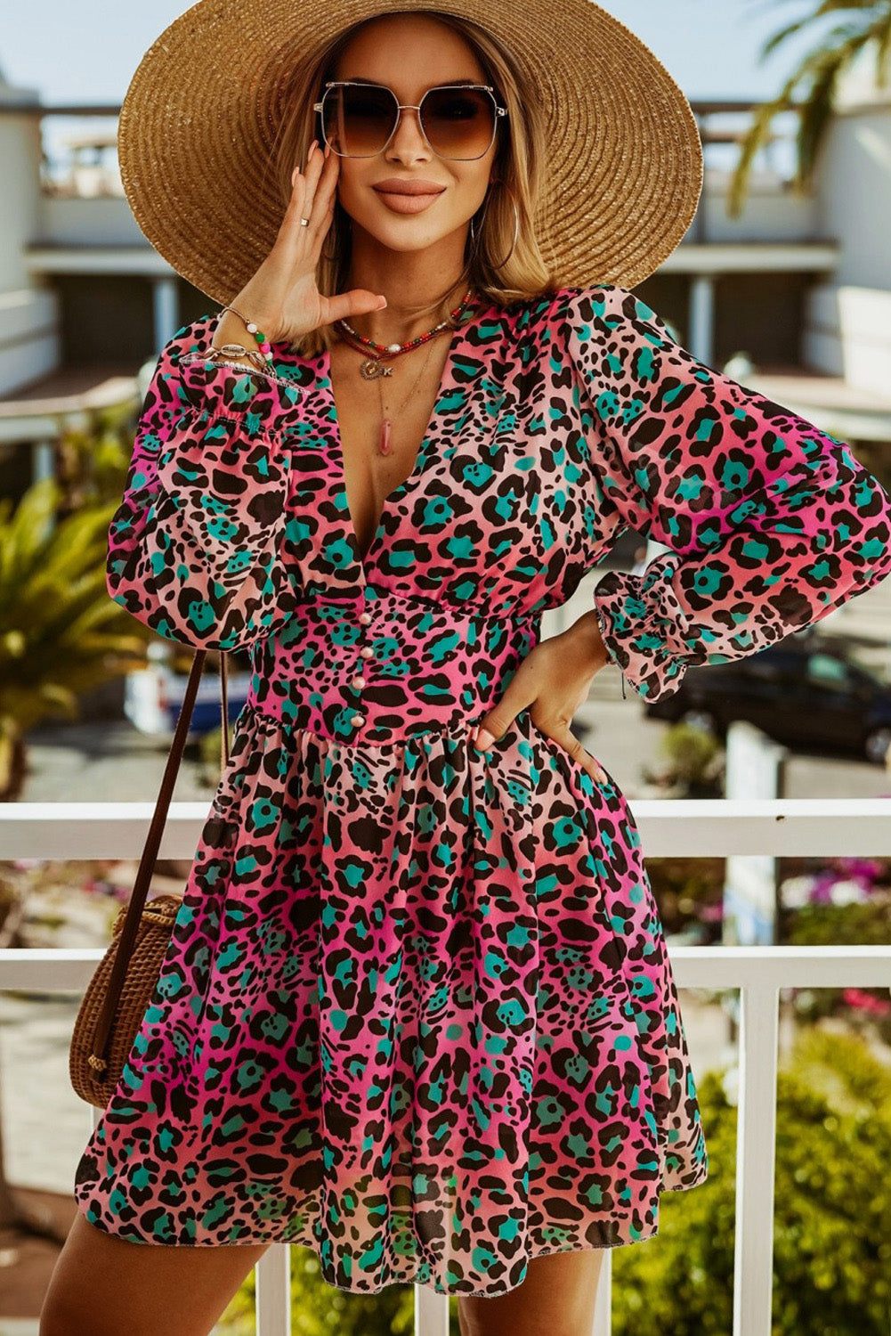 Leopard Flounce Sleeve Plunge Mini Dress